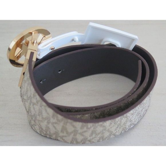 Michael Kors 556178C 715 Women Sz S Reversible Pale Gold/Chocolate Logo MK Belt - Picture 4 of 8